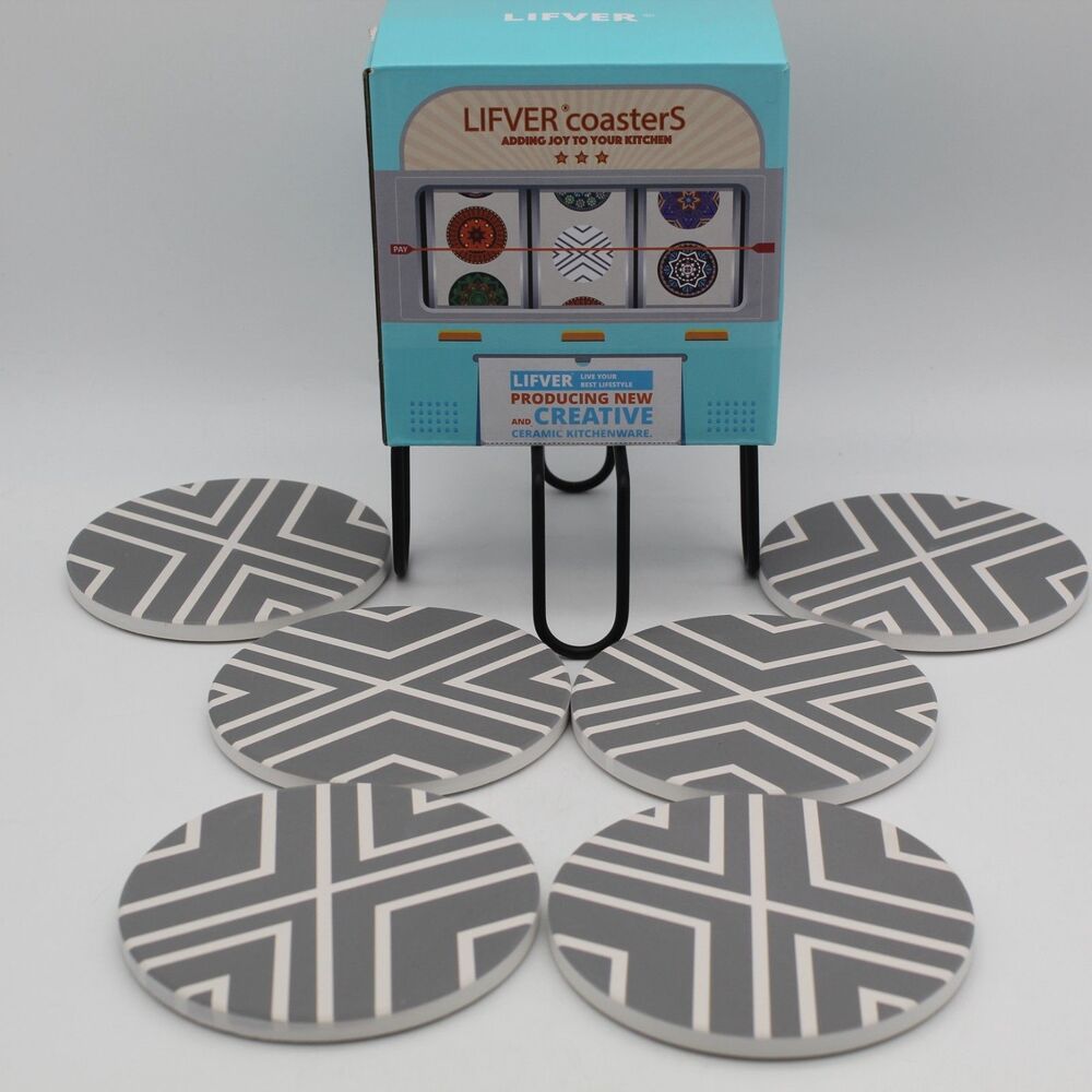 Absorbent Drink Ceramic Coasters & Holder Set of 6 w/Cork Back Grey White Stripe